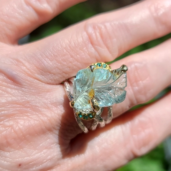 Aquamarine leaf carved gemstone & Topaz Sterling ring sz7.5 - Picture 9 of 10